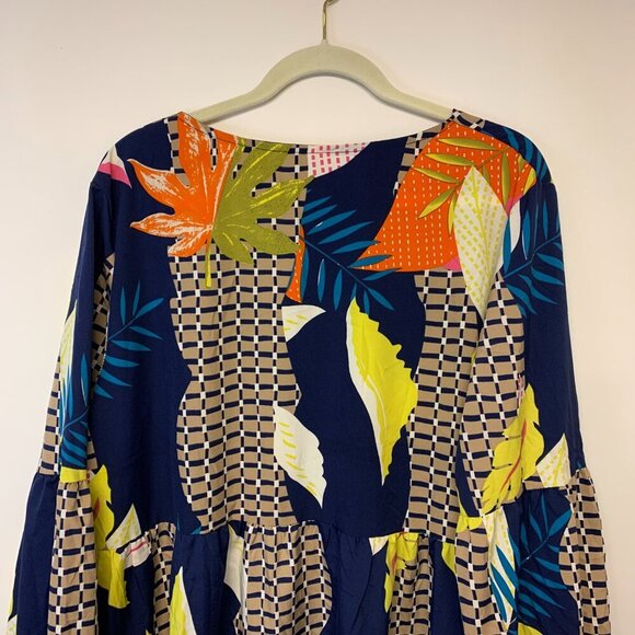 Mini bohemian dress SZ 2X bishop sleeves dropped waist abstract leaf print - Picture 4 of 14